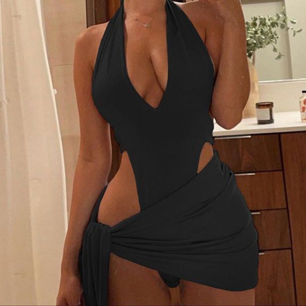 Open-Back Halter-Neck Sleeveless Bodysuit + Cover